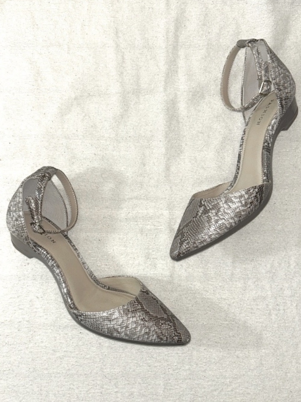 Pashion 1.0 Footwear Pointed Ankle-Strap Flats in Metallic Taupe Snake